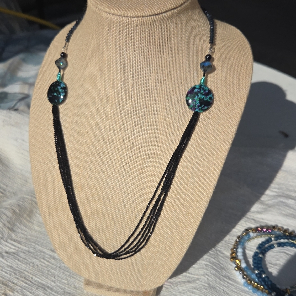 Elegant Black and Blue Beaded Necklace.  Black 2mm Spinal Beads Draped